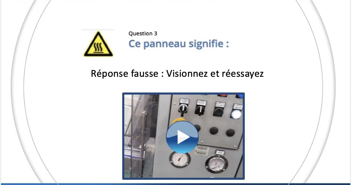 Quiz interactif de sécurité avec question, réponse incorrecte et accès à une vidéo pédagogique